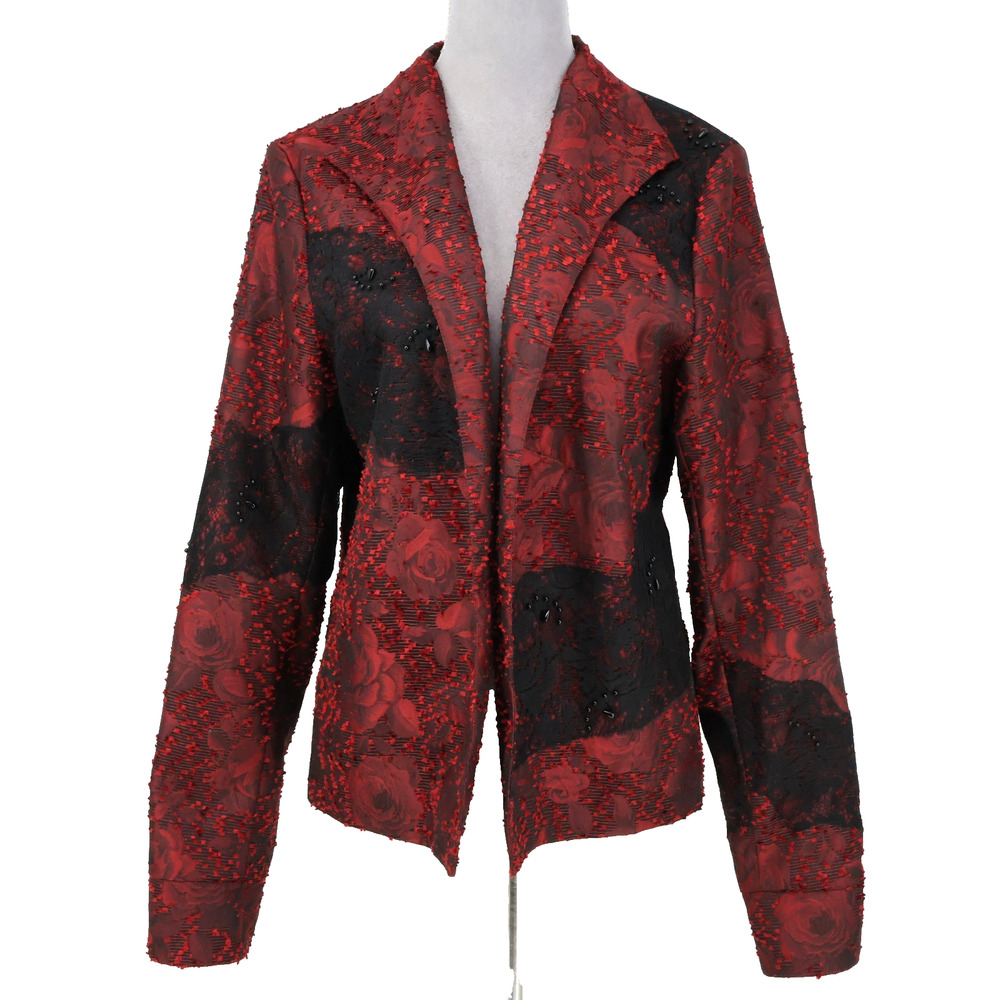 Coldwater Creek Jacket Womens Medium Red Black Lace Lined Blazer Open Front
